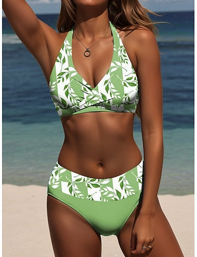 Bikini 2 Piece Swimsuit Palm Stylish Graphic Sleeveless Bathing Suits